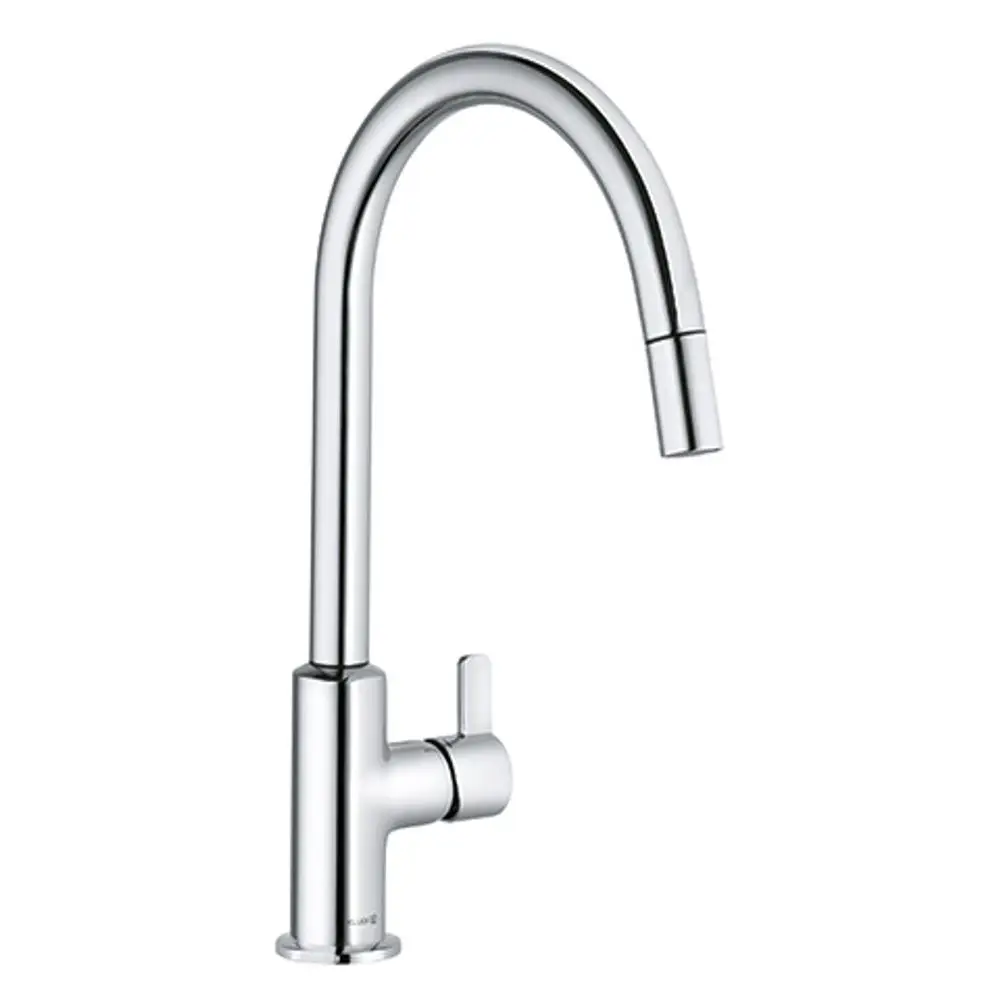 Küchenarmatur von Kludi mit geschwungenem, hochgezogenem Auslauf und herausziehbarem Schlauch. Einhandbedienung zur Wasserregulierung. Oberfläche in glänzendem Chromfinish.